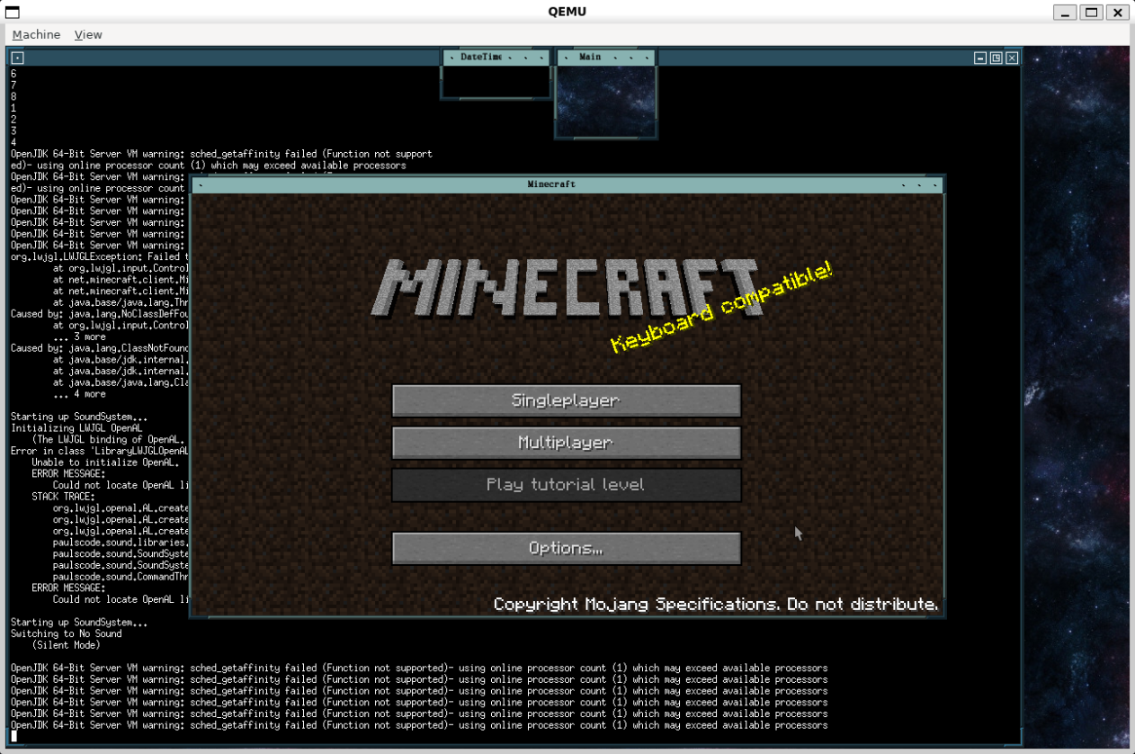 Astral running Minecraft (Menu screen)